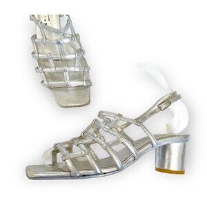 Michel Perry silver leather caged sling back sandal, Size 37 EU, Vintage from 90